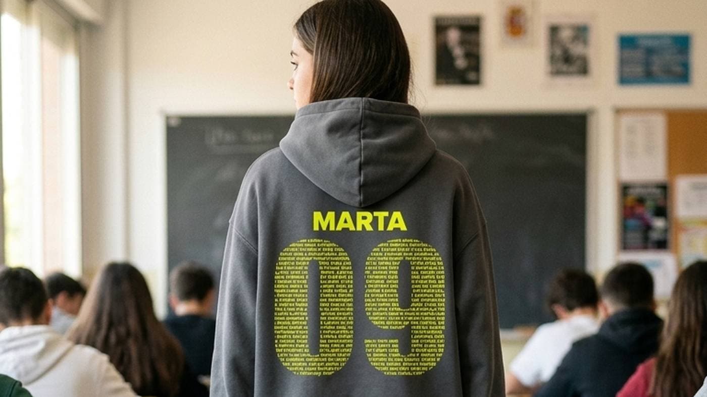 Alumna con la sudadera de la promoción personalizada en un aula llena