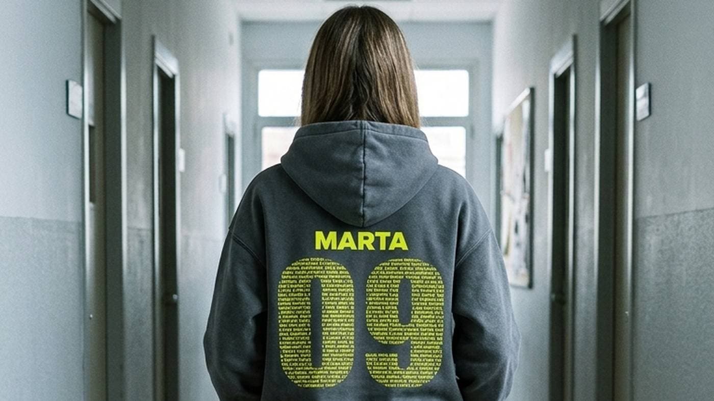Espalda de una sudadera de colegio con el nombre y el dorsal estampados en un pasillo del centro