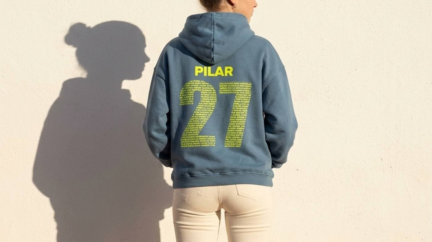 Chica de espaldas junto a una pared con su sombra, con una sudadera azul con su nombre y el número 27 formado por los nombres del grupo