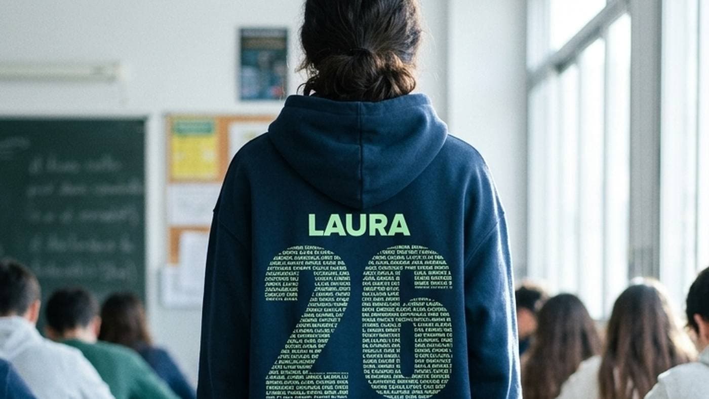 Alumna con la sudadera de la promoción junto al ventanal del aula