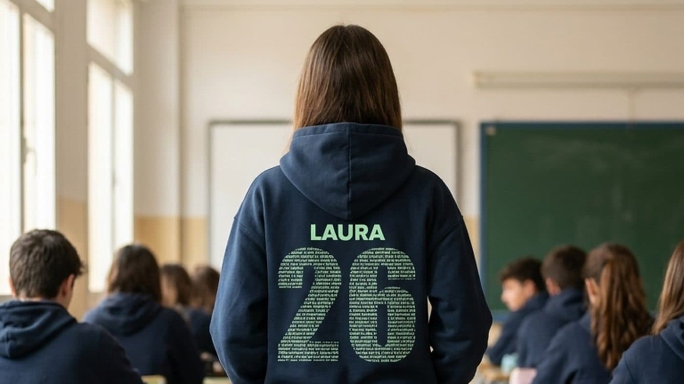Alumna con la sudadera de su promoción en un aula llena de compañeros