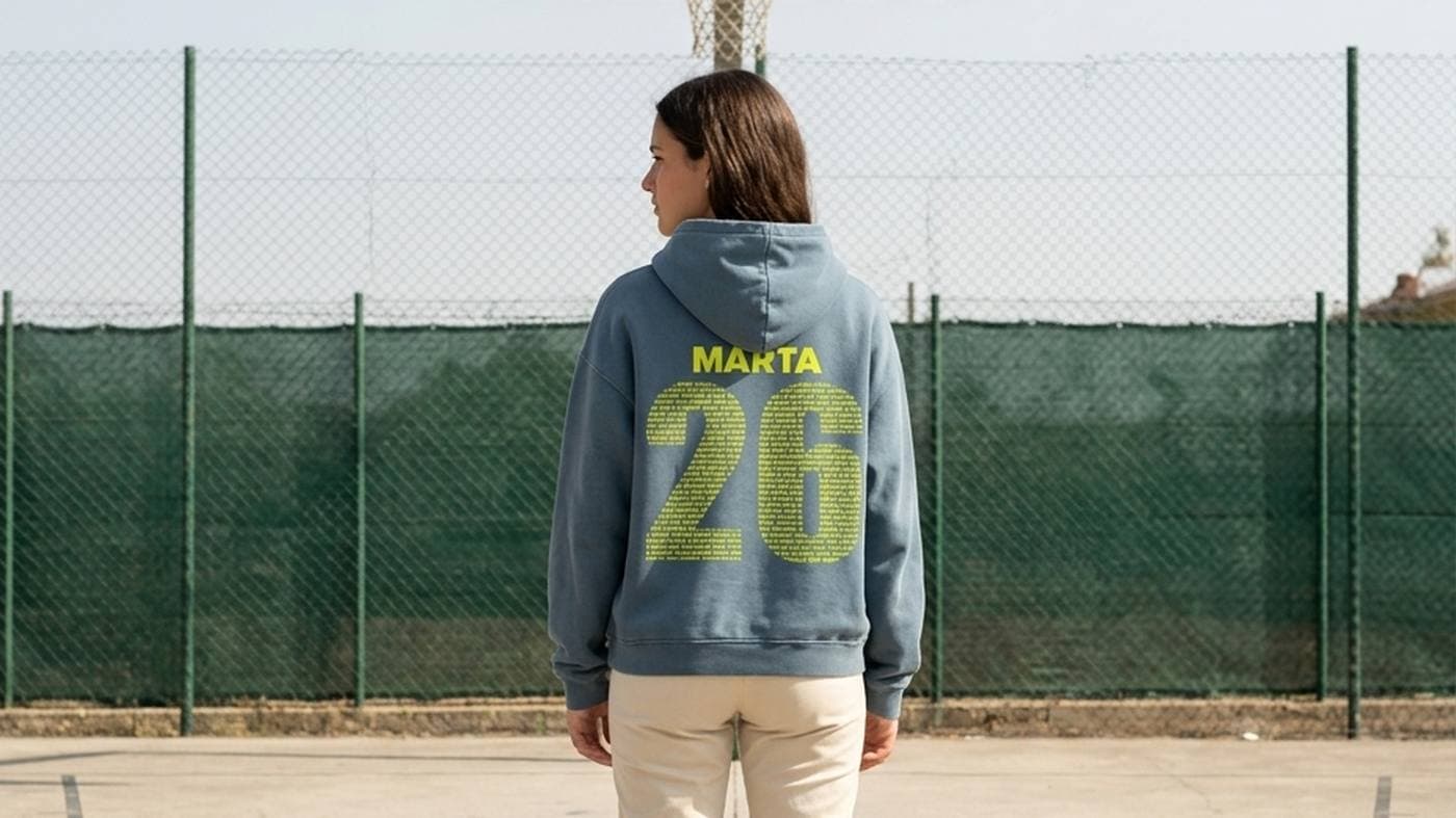 Chica de espaldas en una pista de baloncesto al aire libre con una sudadera azul con su nombre y el número 26 formado por los nombres del equipo