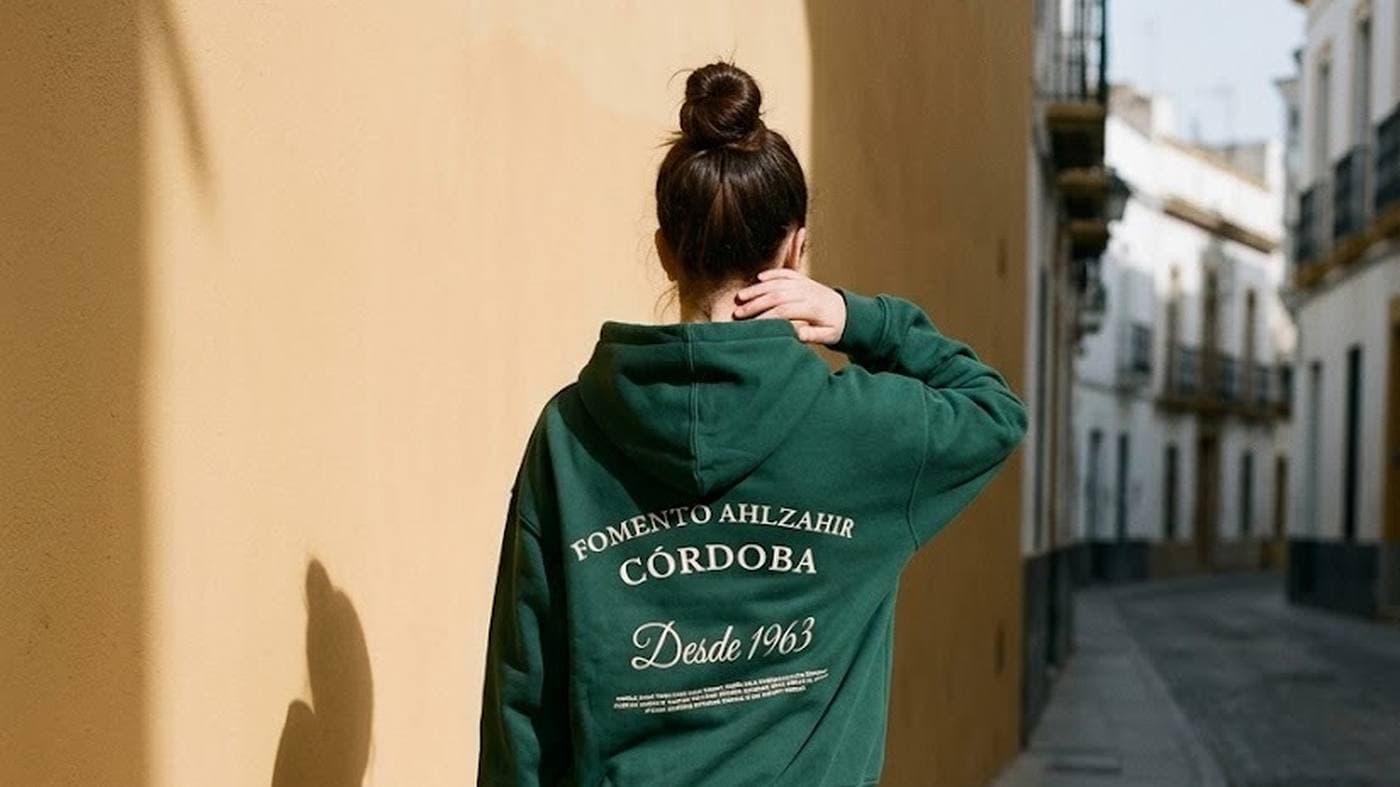 Chica de espaldas en una calle encalada con una sudadera verde que lleva el nombre del colegio en arco, la ciudad y el año en letra de mano