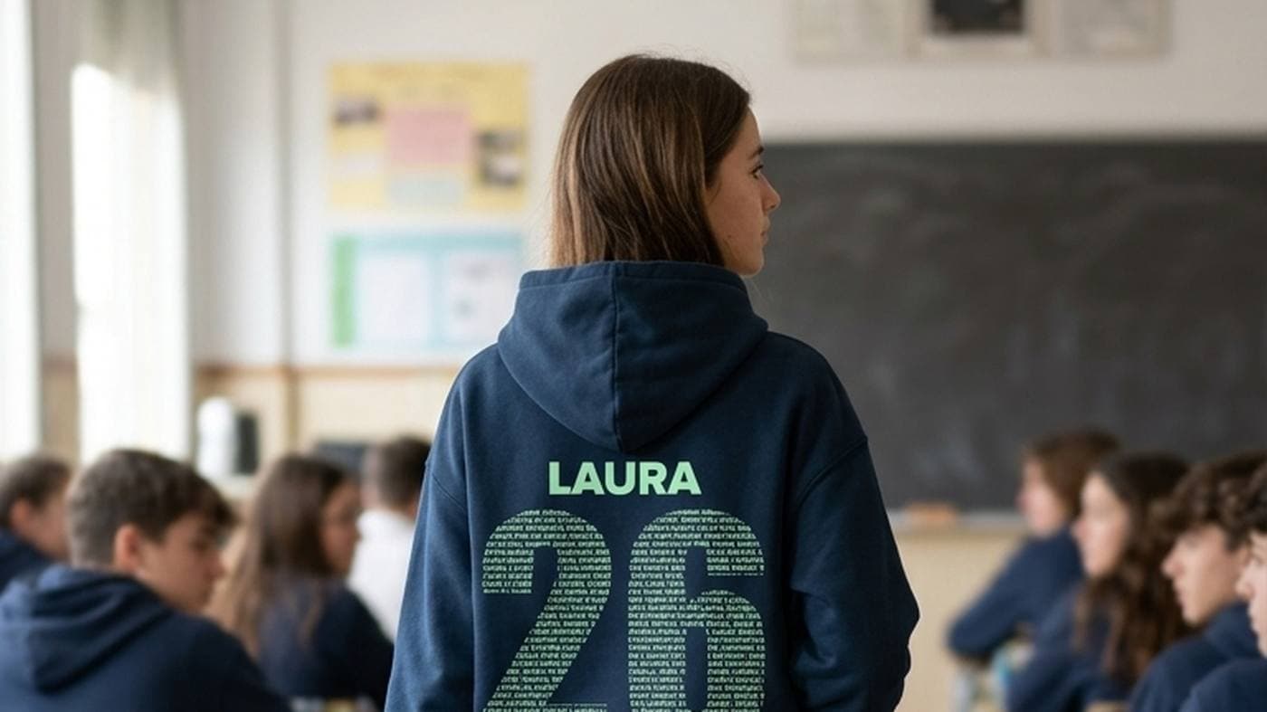 Alumna de espaldas en una clase con una sudadera azul marino con el nombre LAURA y un número formado por los nombres de la clase
