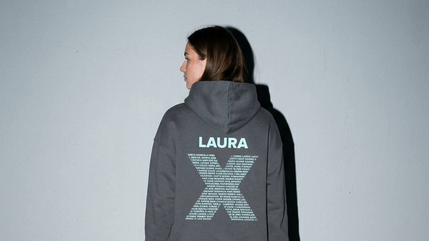 Chica mirando por encima del hombro con una sudadera gris oscuro de grupo con su nombre y una X formada por los nombres de todos