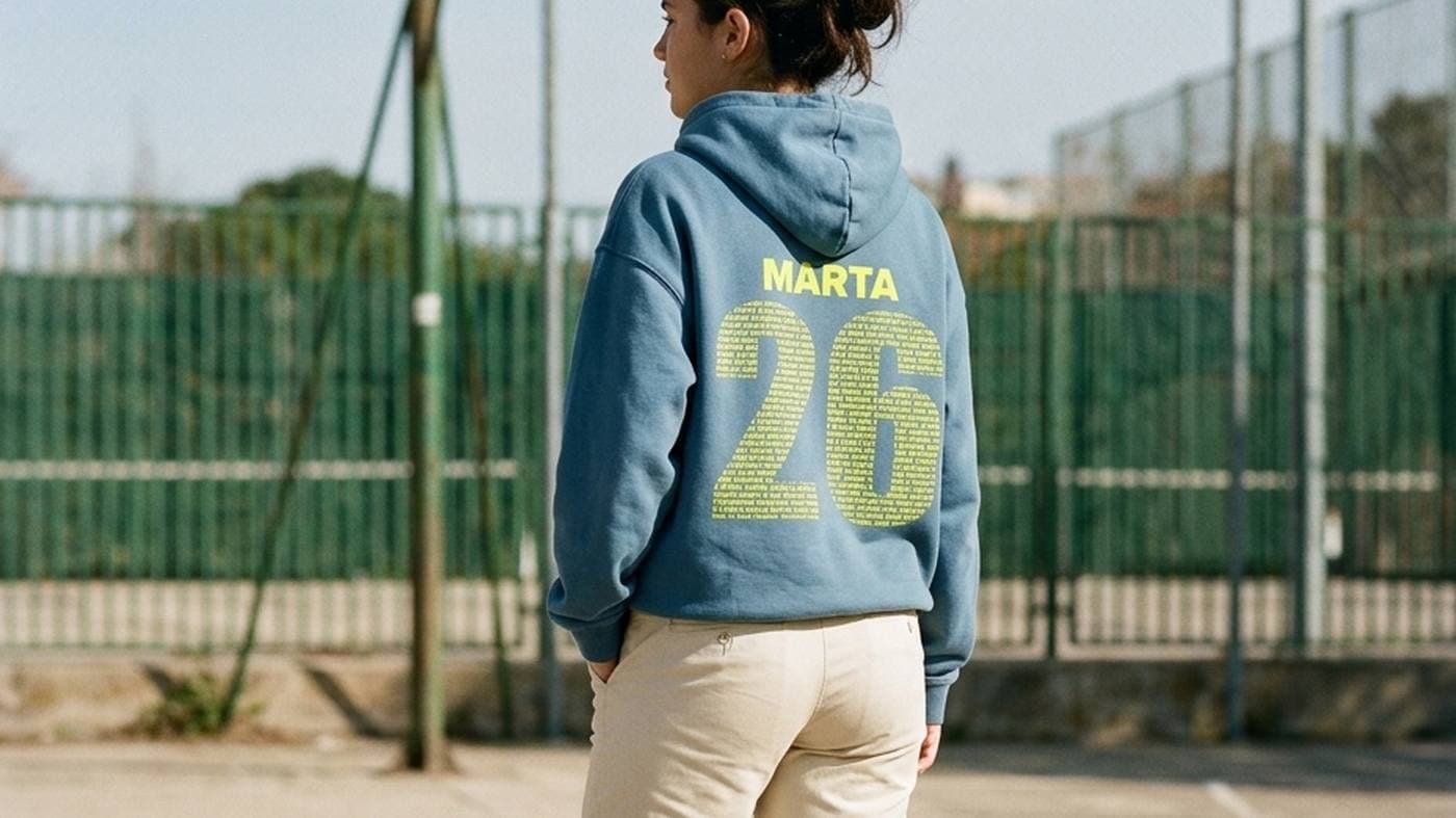 Chica de espaldas al sol junto a una pista con valla verde, con una sudadera azul petróleo con el nombre MARTA y el número 26 formado por nombres