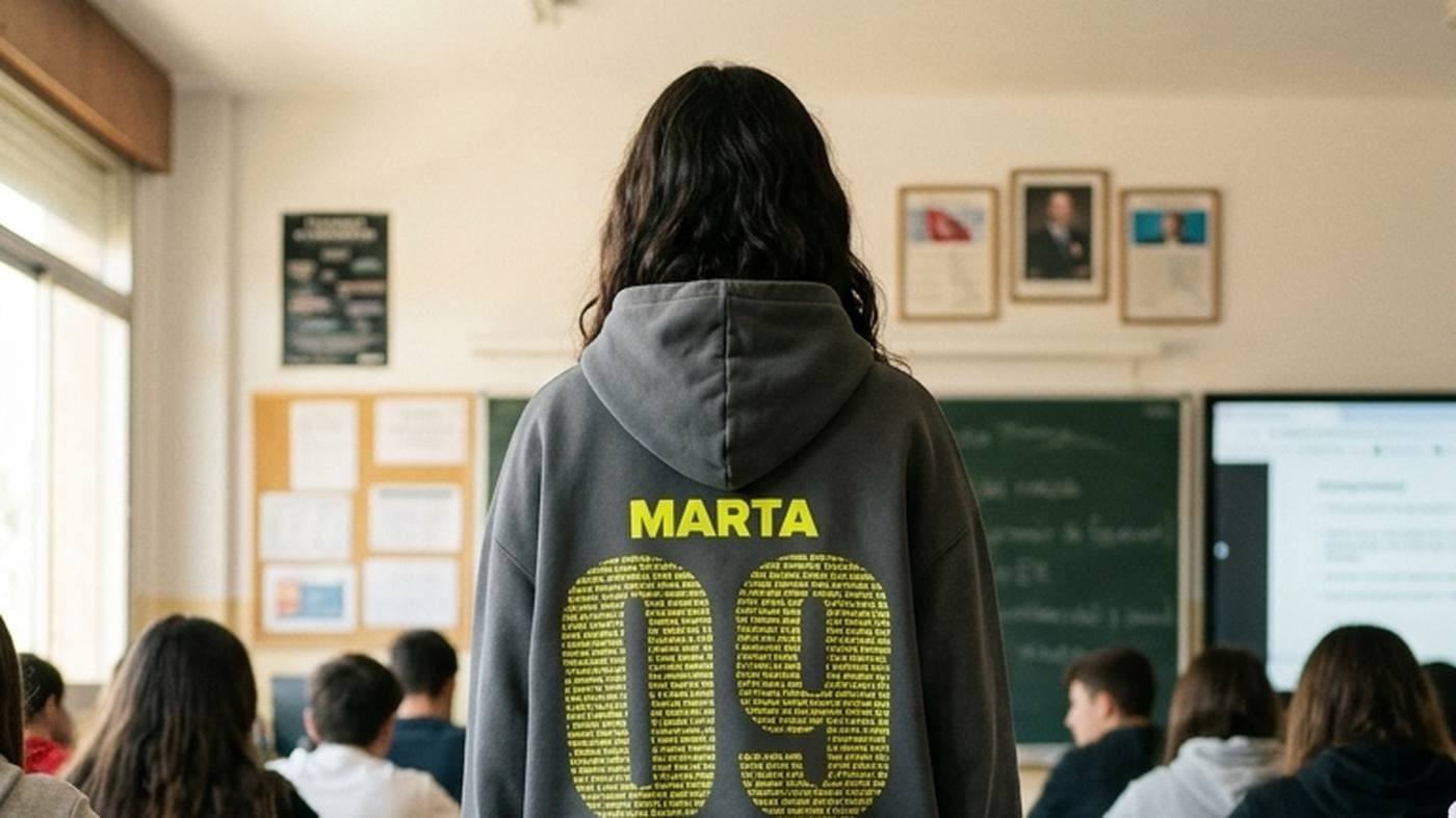Chica de espaldas en un aula llena con una sudadera gris grafito con el nombre MARTA y un número formado por los nombres del grupo