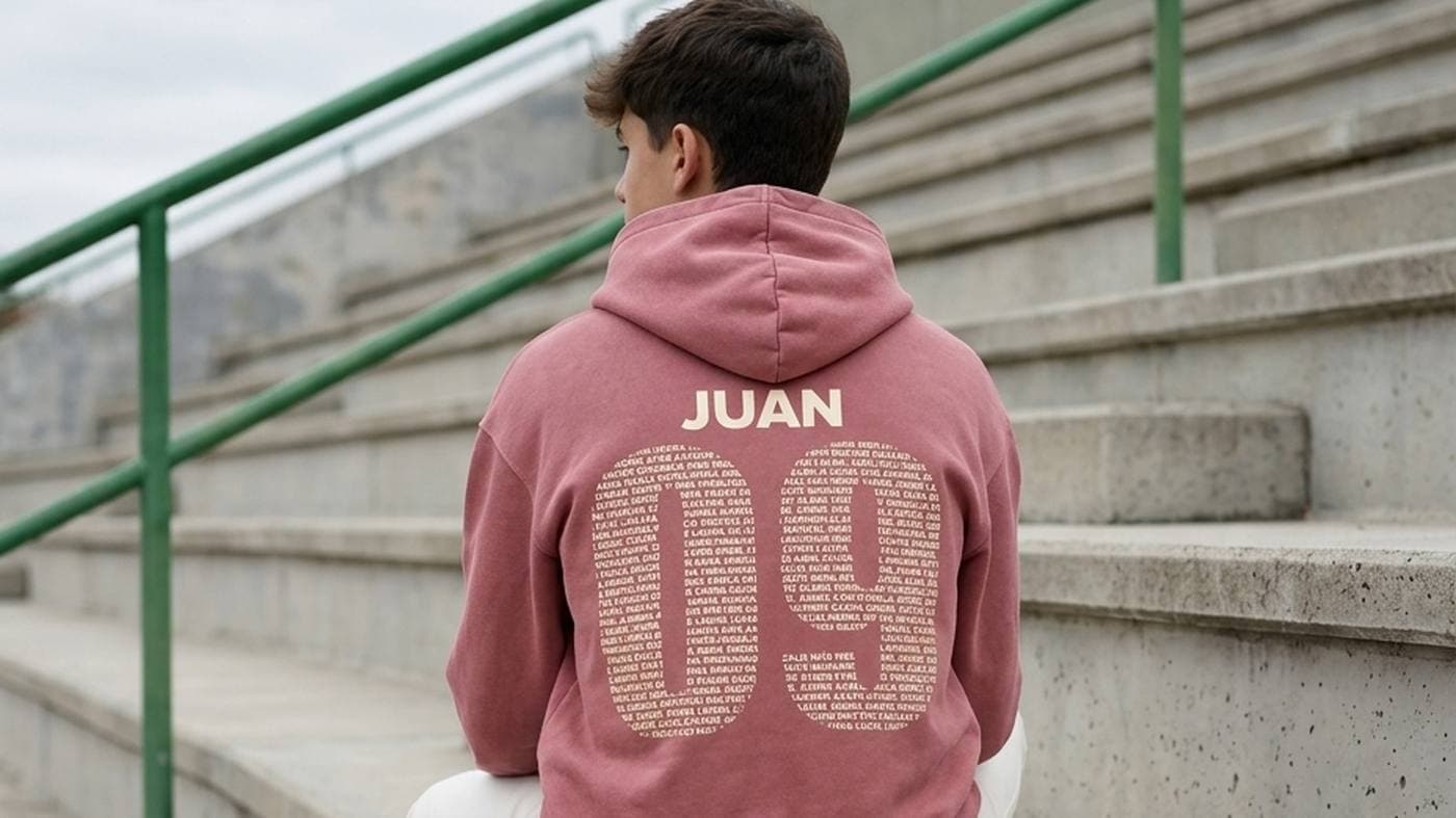 Chico sentado de espaldas en unas gradas de hormigón con una sudadera burdeos con su nombre y el número formado por los nombres de todo el grupo