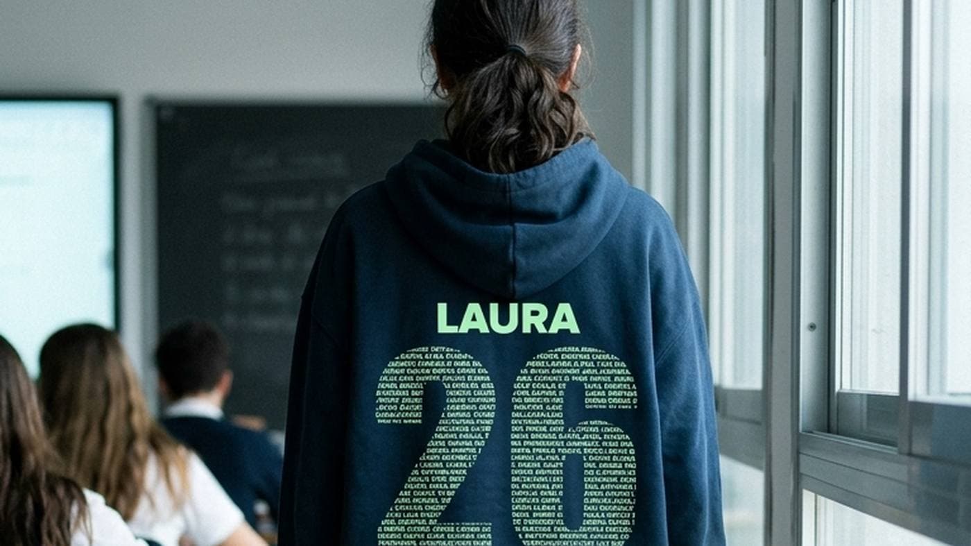 Chica de espaldas junto a un ventanal con una sudadera azul marino con el nombre LAURA y un número formado por los nombres del grupo