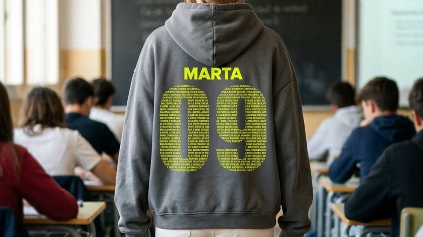 Alumna de espaldas en un aula llena con una sudadera gris con su nombre y el número formado por los nombres de toda la clase