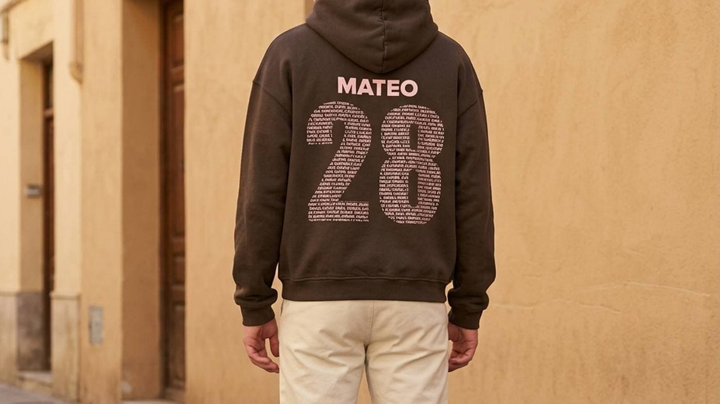 Chico de espaldas en una calle de pueblo con paredes de color arena, con una sudadera marrón con su nombre y el número 28 formado por los nombres de todos