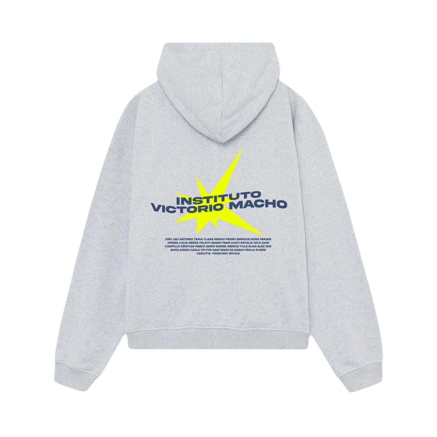 Espalda de una sudadera gris de promoción con el nombre del centro en letras grandes y, debajo, los nombres de toda la clase