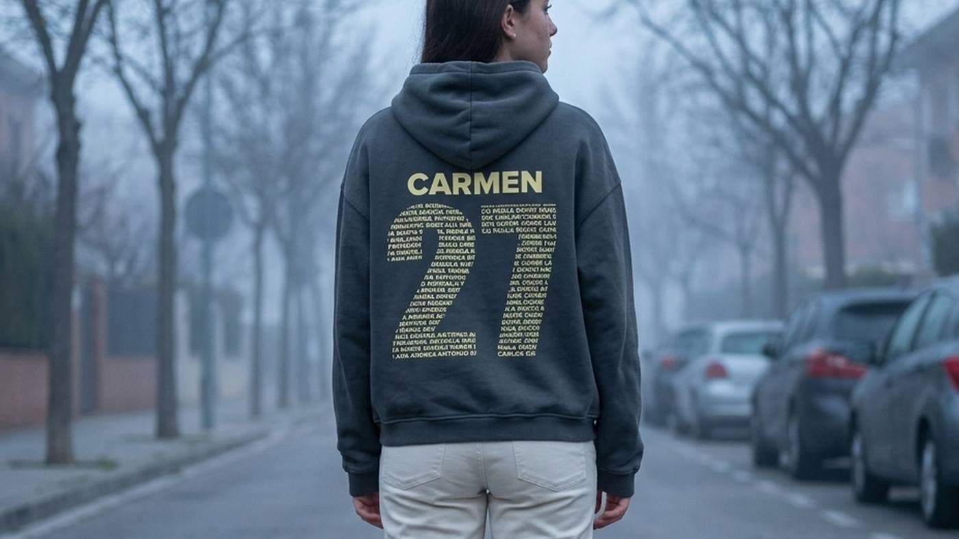 Estudiante con la sudadera del viaje de fin de curso en una calle al amanecer