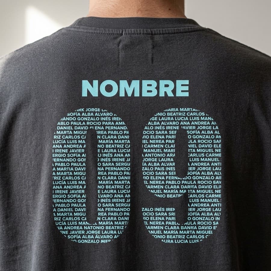 Detalle de la serigrafía de una camiseta personalizada con los nombres del grupo dentro del número