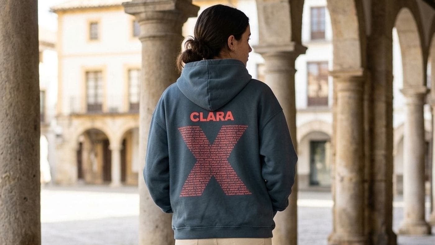 Residente de un colegio mayor con la sudadera del colegio en los soportales del edificio