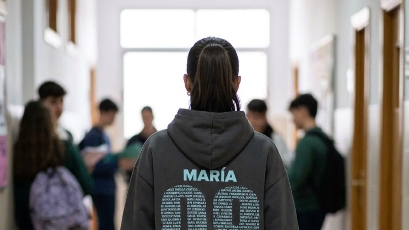 Alumna de espaldas en el pasillo del instituto con la prenda personalizada de su clase