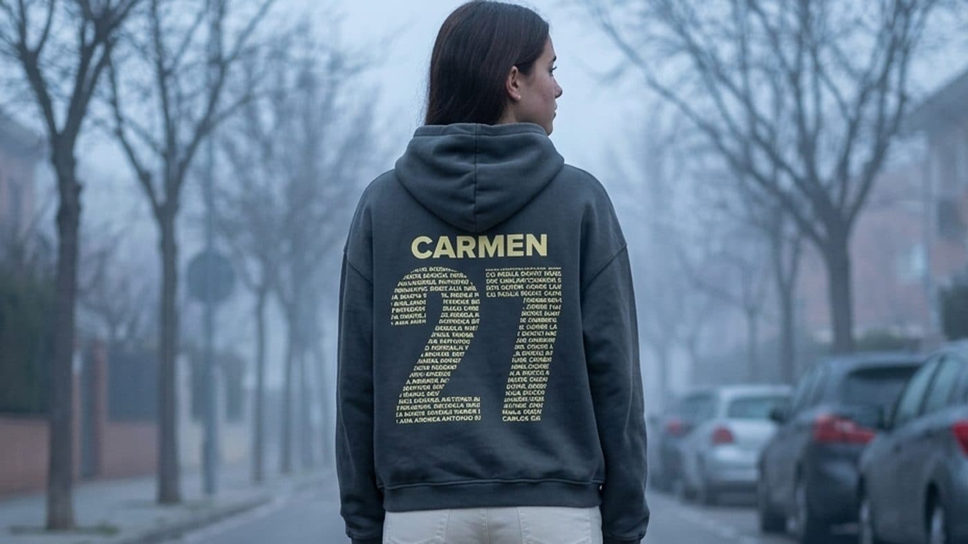 Chica de espaldas en una calle con niebla, con la sudadera gris oscuro de su grupo personalizada con su nombre