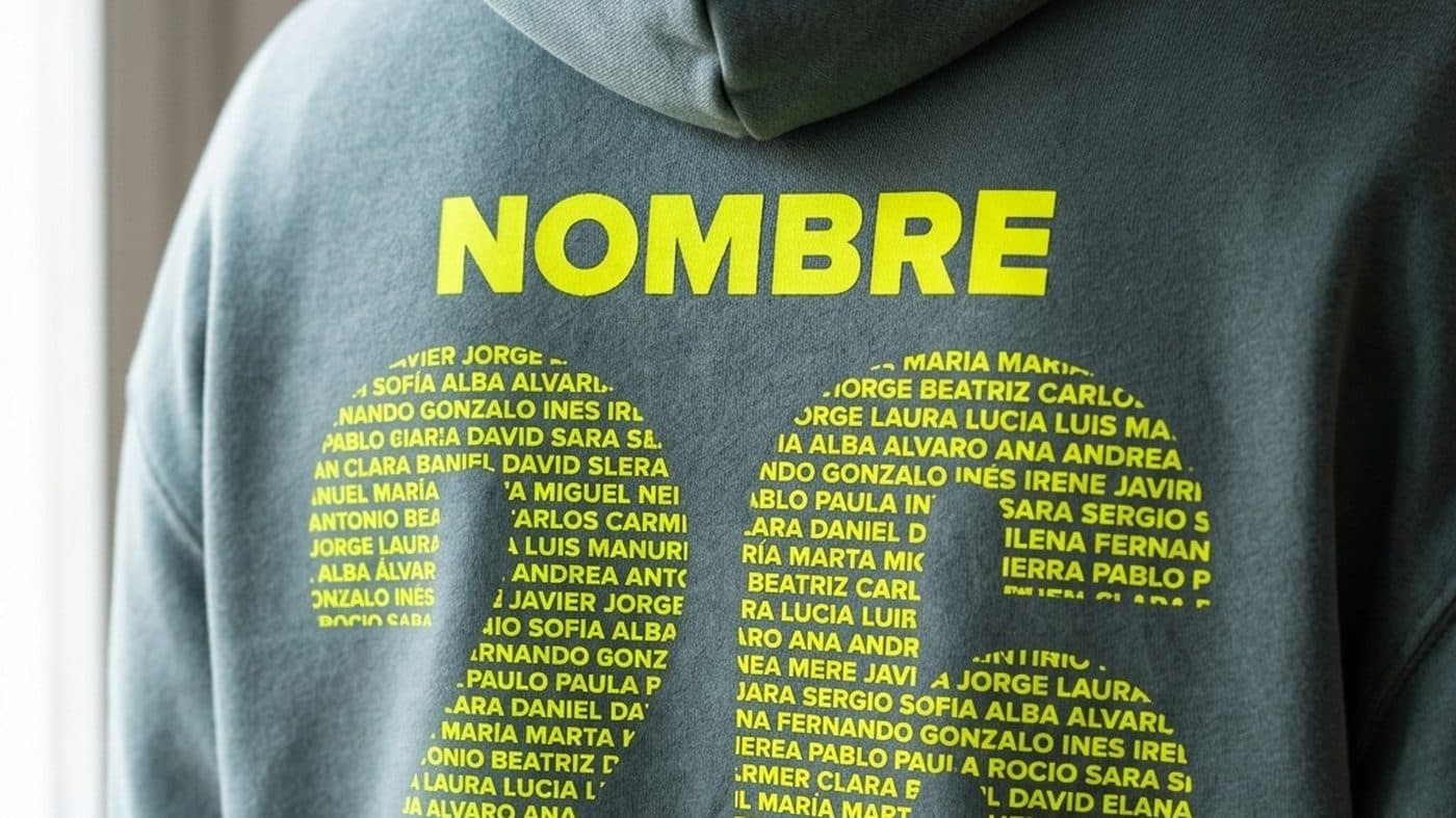 Primer plano de la espalda de una sudadera verde oscuro con el nombre arriba y el año dibujado con los nombres de todo el grupo