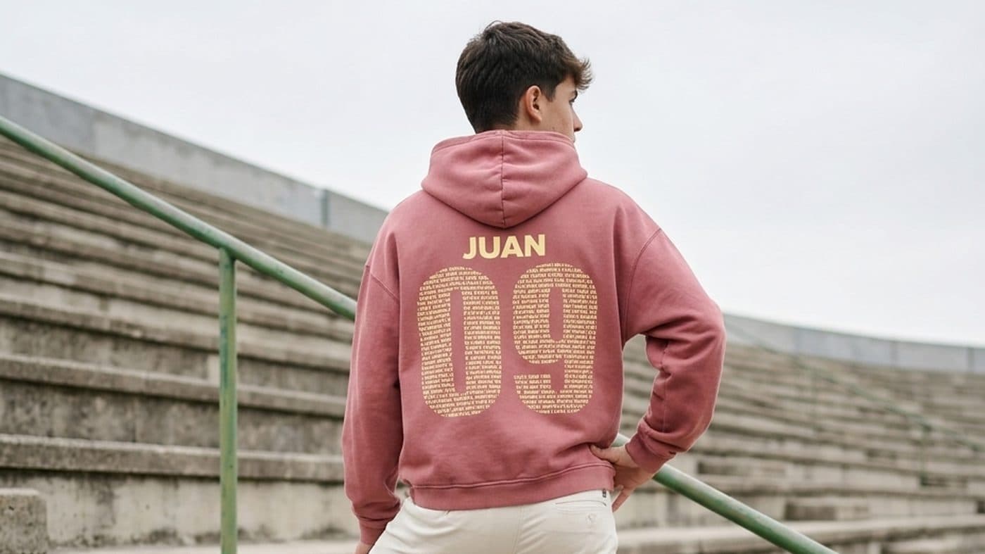 Chico de espaldas ante unas gradas con una sudadera burdeos personalizada con su nombre y su dorsal