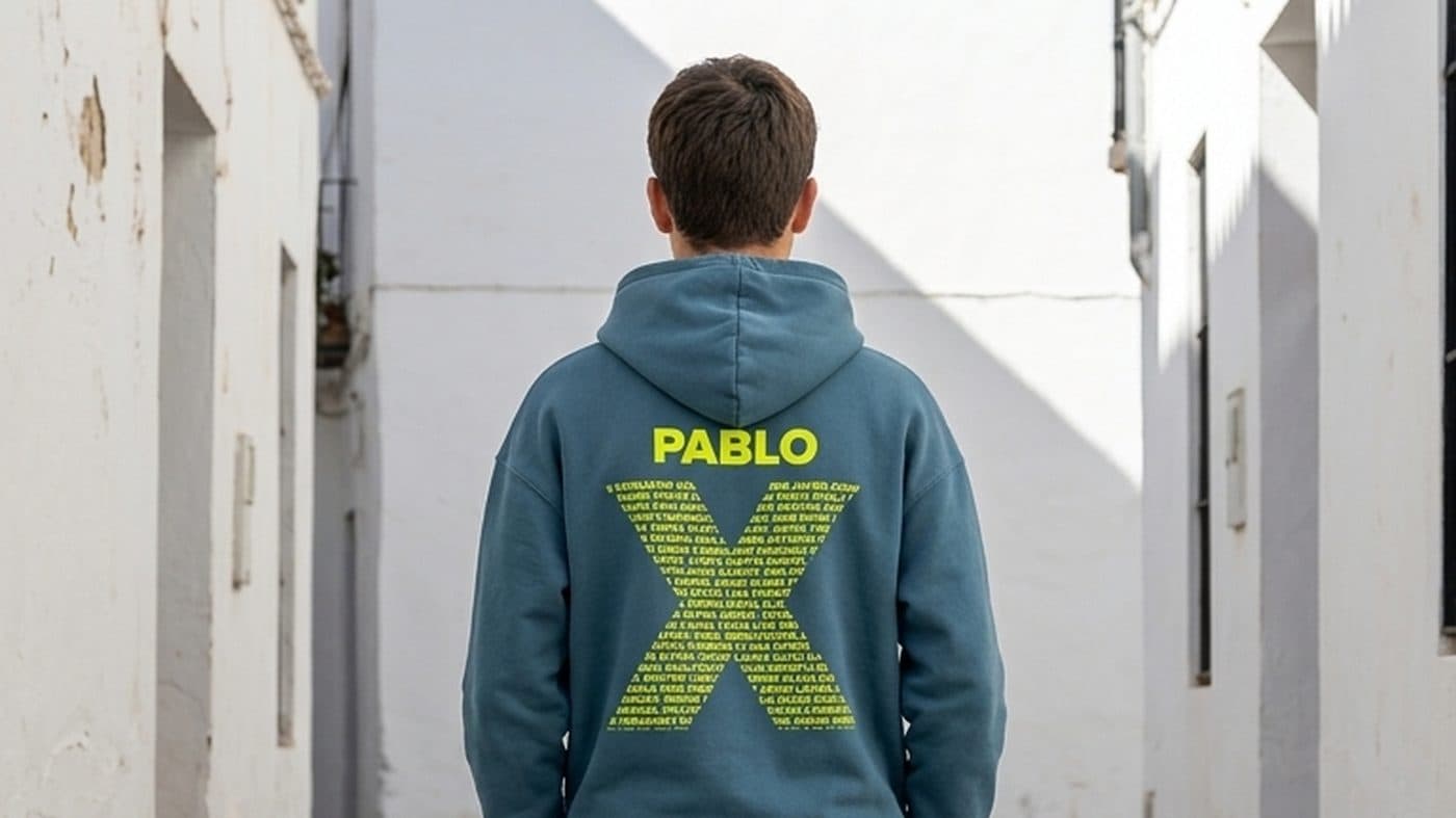 Chico con la sudadera personalizada de su grupo caminando por una calle encalada