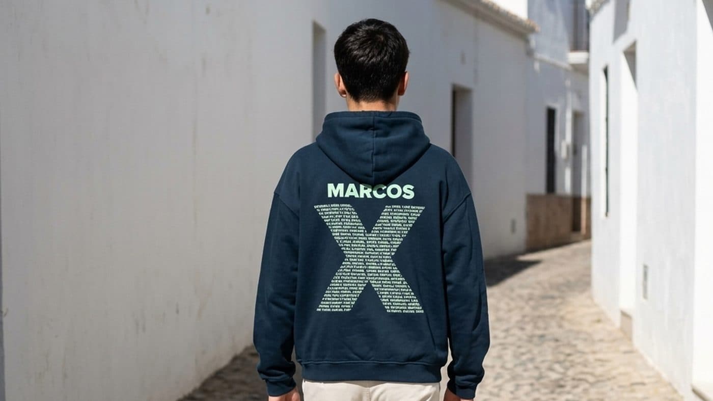Chico de espaldas con la sudadera de su promoción personalizada con el nombre y el diseño de la clase