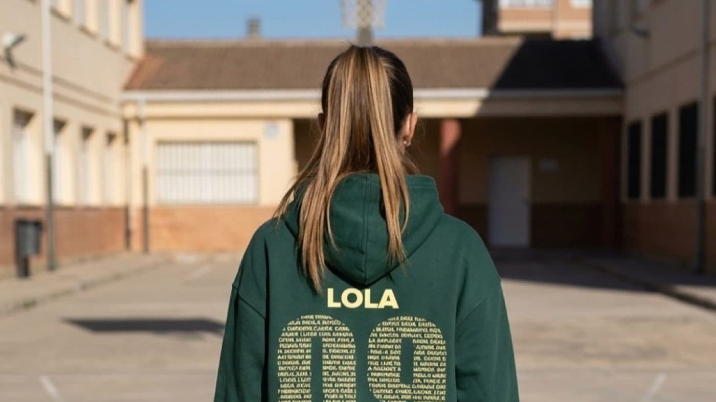 Espalda de una sudadera verde con el nombre de la alumna y el dorsal formado por los nombres de toda la clase