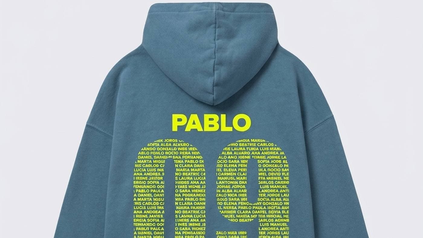 Espalda de una sudadera azul índigo con el nombre PABLO en amarillo y un número formado por los nombres de la clase