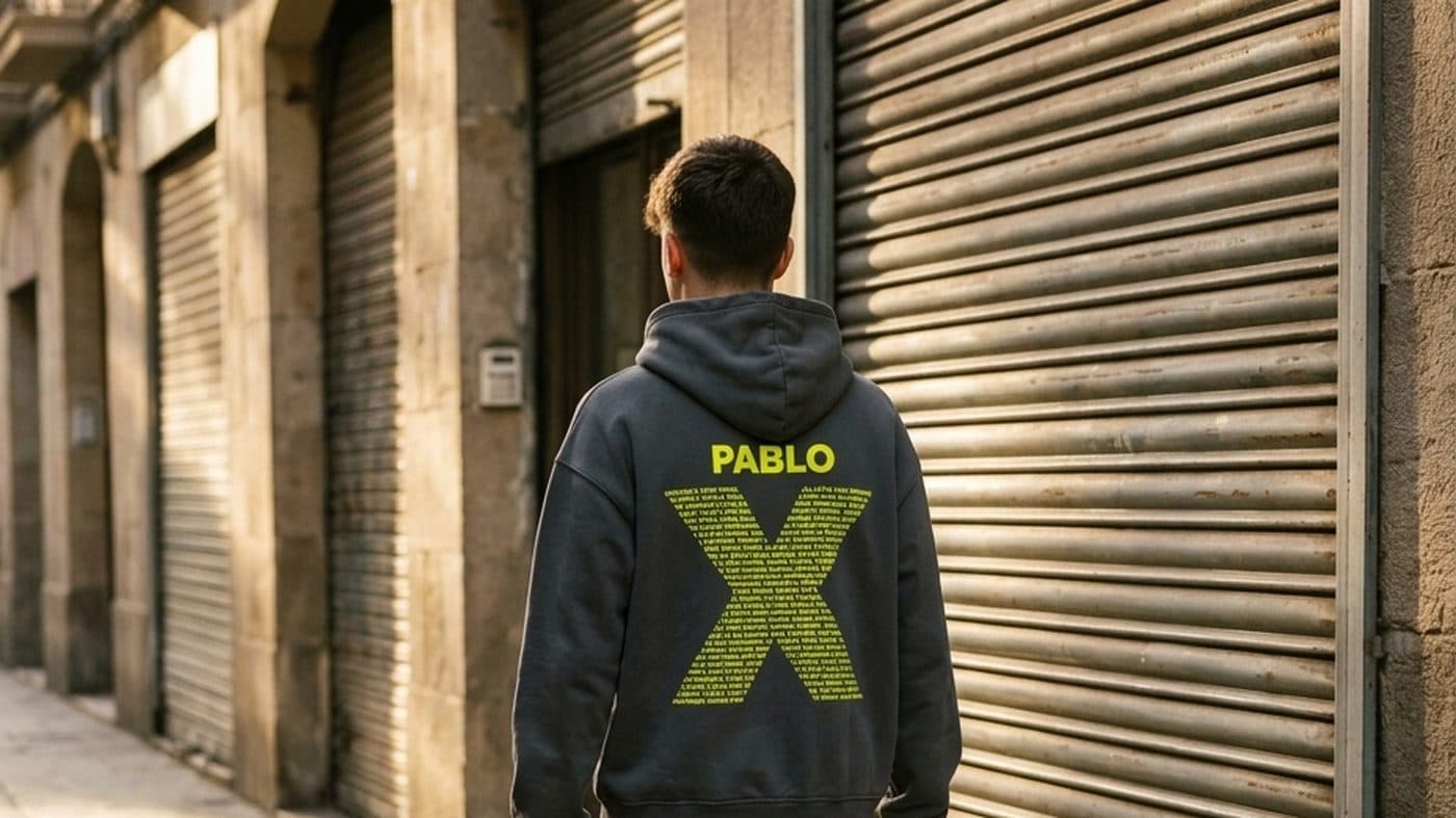 Chico con la sudadera de su grupo de amigos caminando por la calle