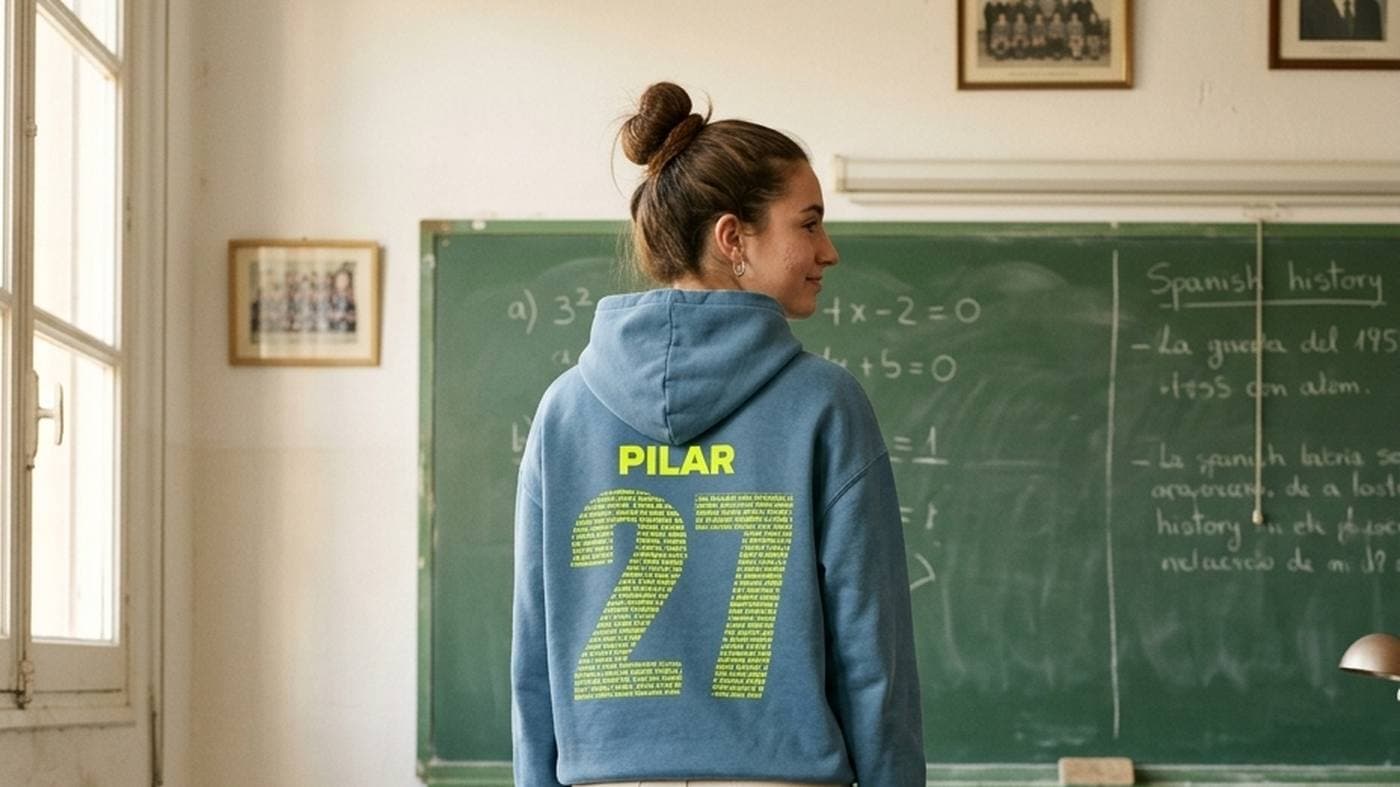 Alumna de espaldas junto a la pizarra de un aula con una sudadera azul con el nombre PILAR y el número 27 formado por nombres