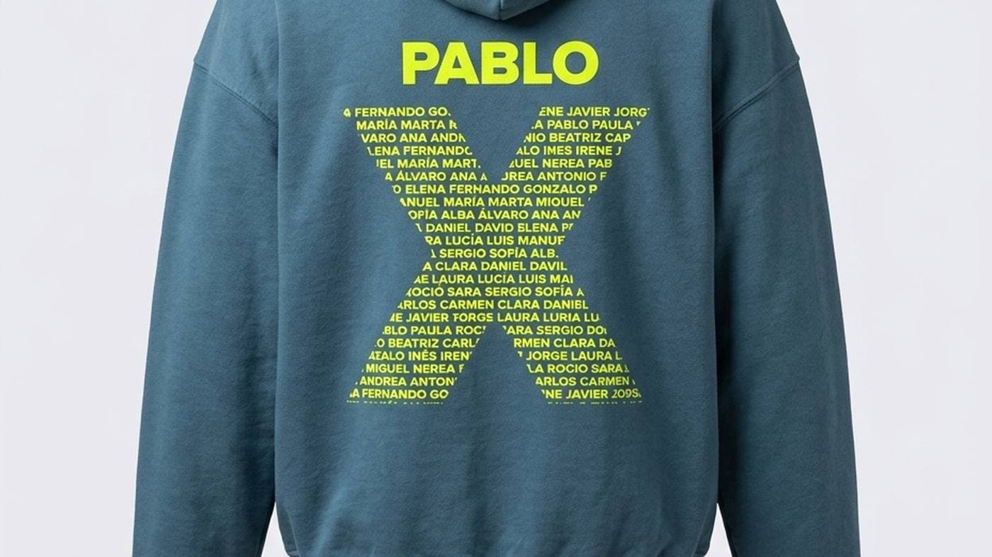 Espalda de una sudadera azul petróleo con un nombre en amarillo flúor y una X grande formada por los nombres de todo el equipo