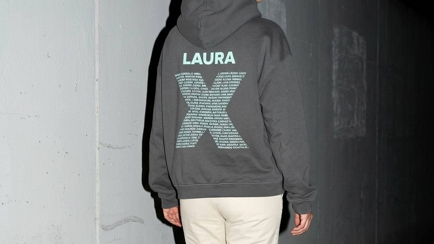 Chica de espaldas, de noche y con flash, con una sudadera gris grafito con el nombre LAURA y una X formada por los nombres del grupo