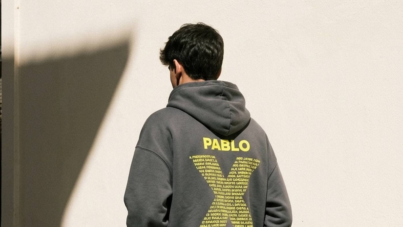Chico de espaldas junto a una pared encalada con una sudadera gris con su nombre en amarillo y una X formada por los nombres de todo el grupo
