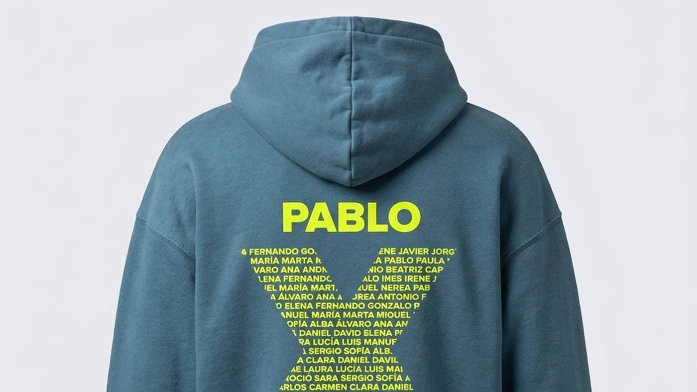 Espalda de una sudadera azul petróleo con el nombre PABLO y una X formada por los nombres de todo el grupo