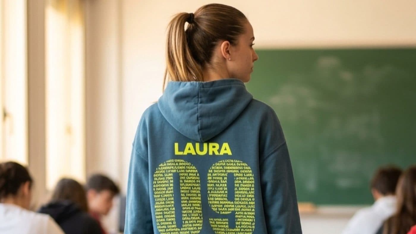 Alumna con la sudadera personalizada de su clase en un aula llena de compañeros