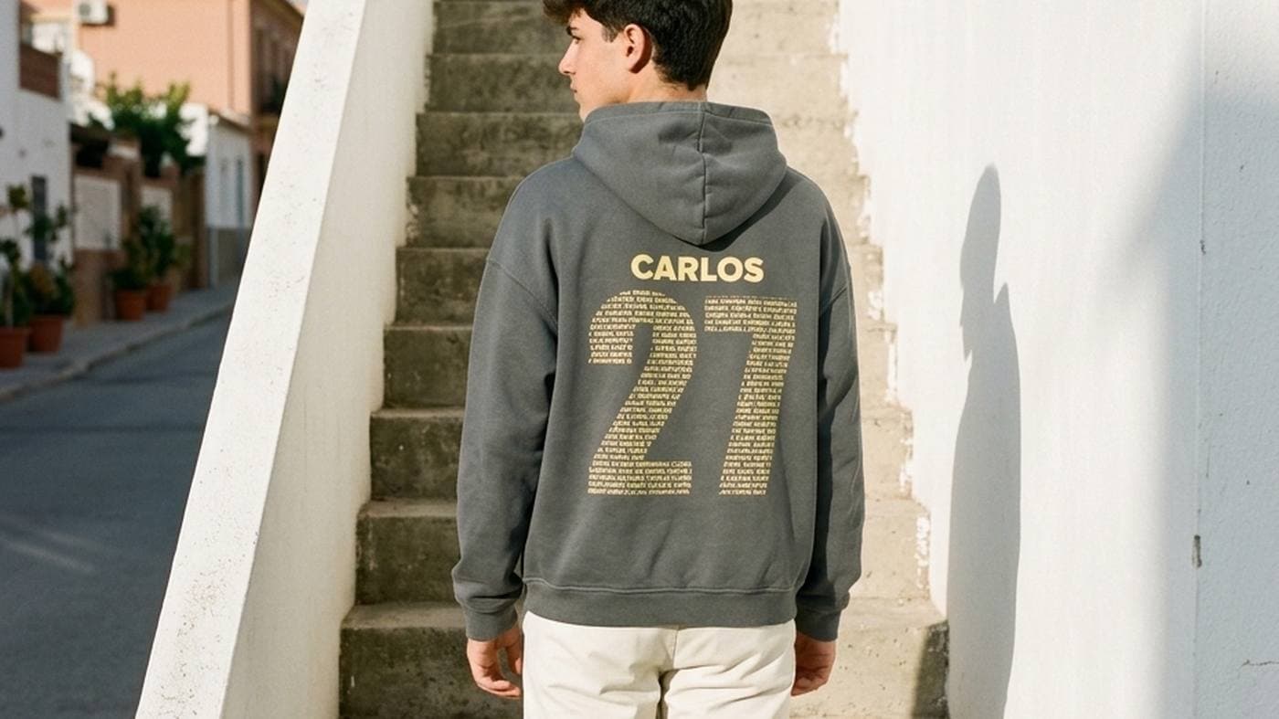Chico de espaldas en una escalera de hormigón con una sudadera gris con el nombre CARLOS y el número 27 formado por nombres