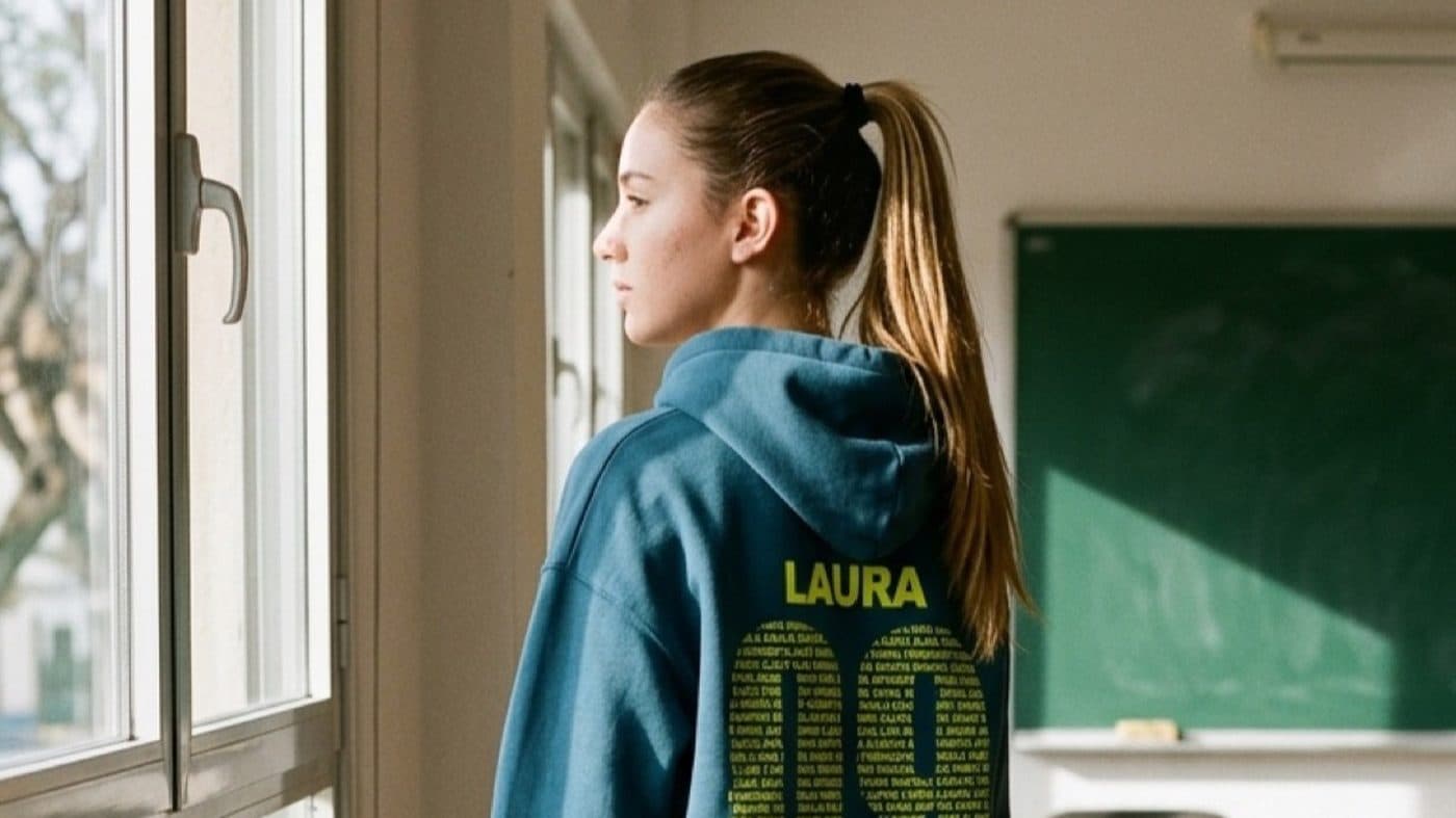 Alumna con la sudadera de la clase junto al ventanal del aula