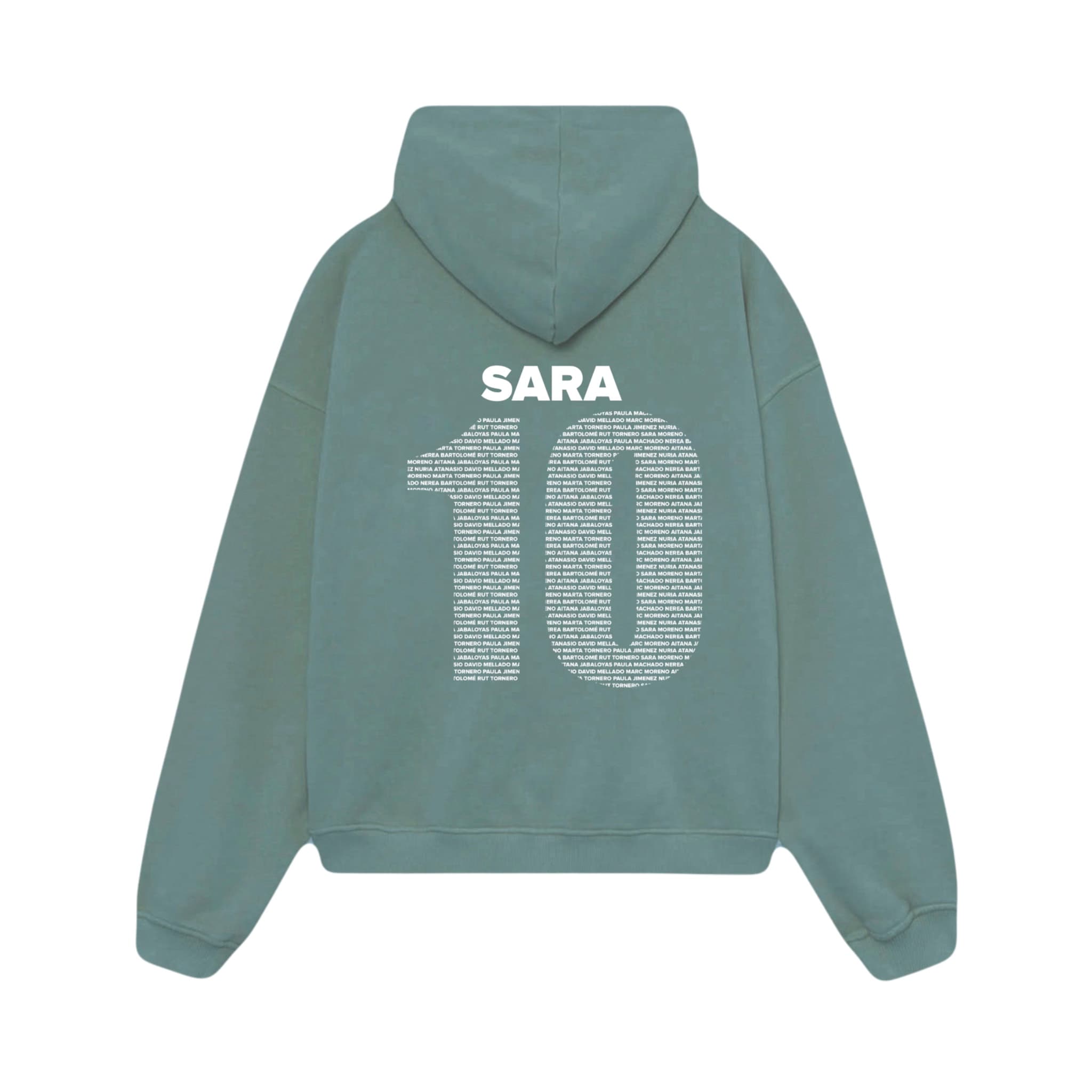 Detalle de nombre y número en la espalda de una sudadera deportiva
