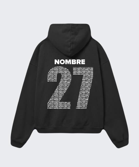 Espalda de una sudadera negra personalizada con un nombre y el número 27 relleno de nombres